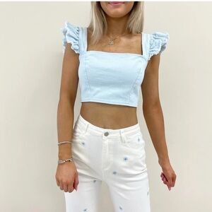 Women’s Light Blue Denim Ruffle Sleeve Crop Top
